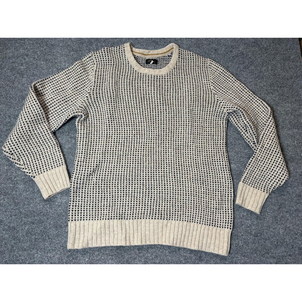 L.L. Bean Sweater Mens M Beige Navy Stripe Wool Chunky Knit Crew Neck Pullover